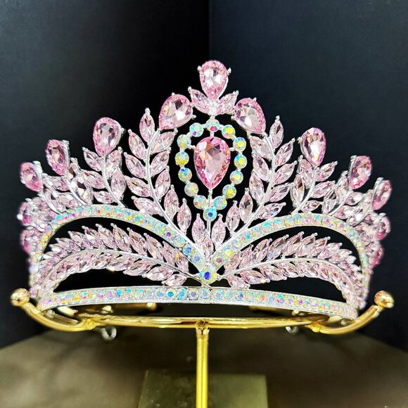 Pink Crystal Crown, Quinceanera Crown, Silver Wedding Tiara, Bridal Headpiece
